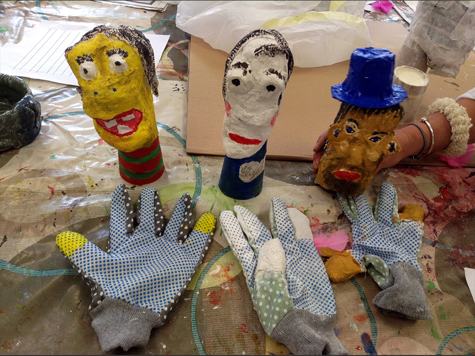 A selection of hand puppets made by Le Chéile service users in a workshop ran by Contact Studio's member Emma Fisher.
